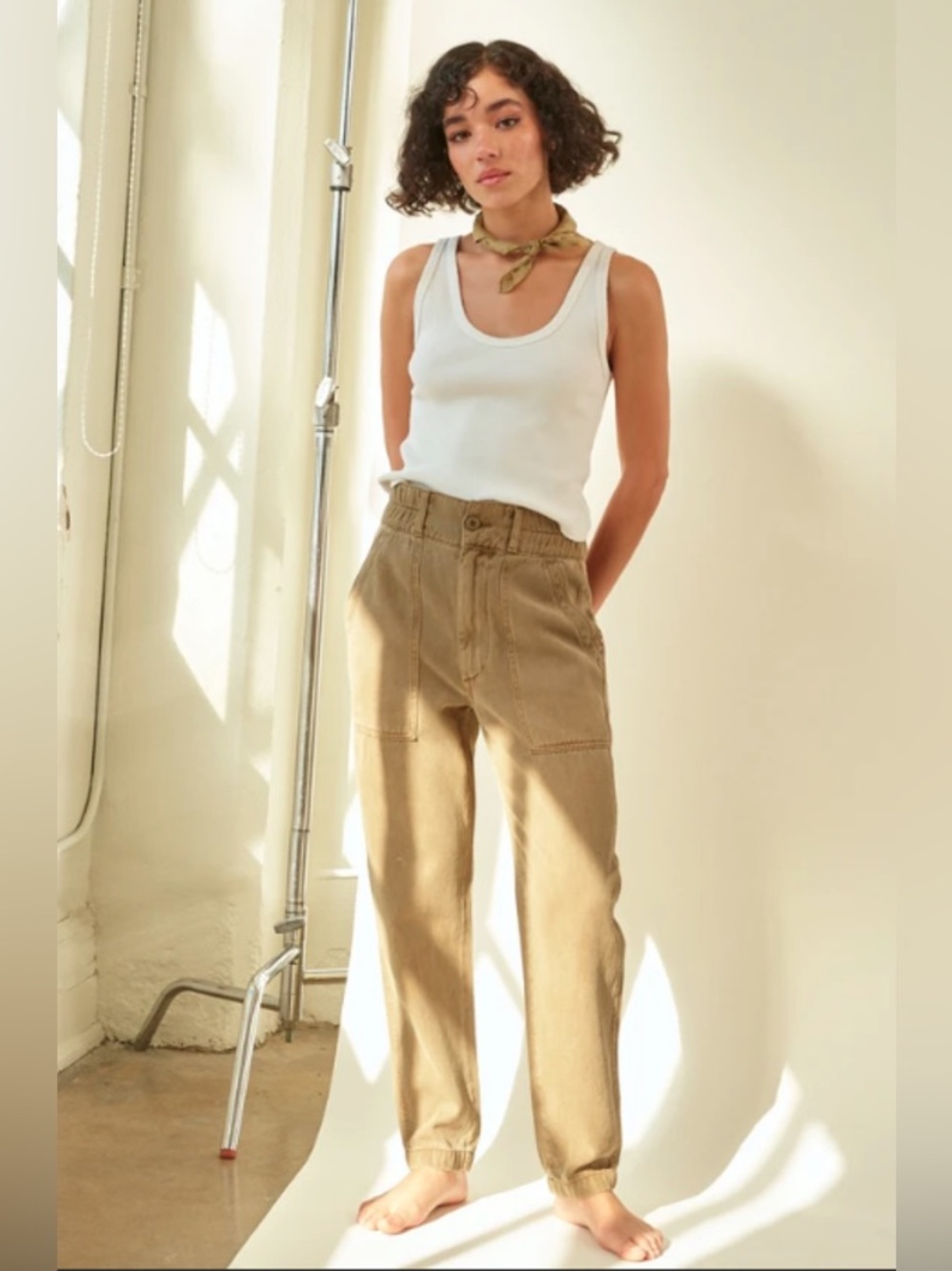 AMO Drapey Army Pant Linen Cotton Khaki Paperbag Waist Utility Pants Sz 26